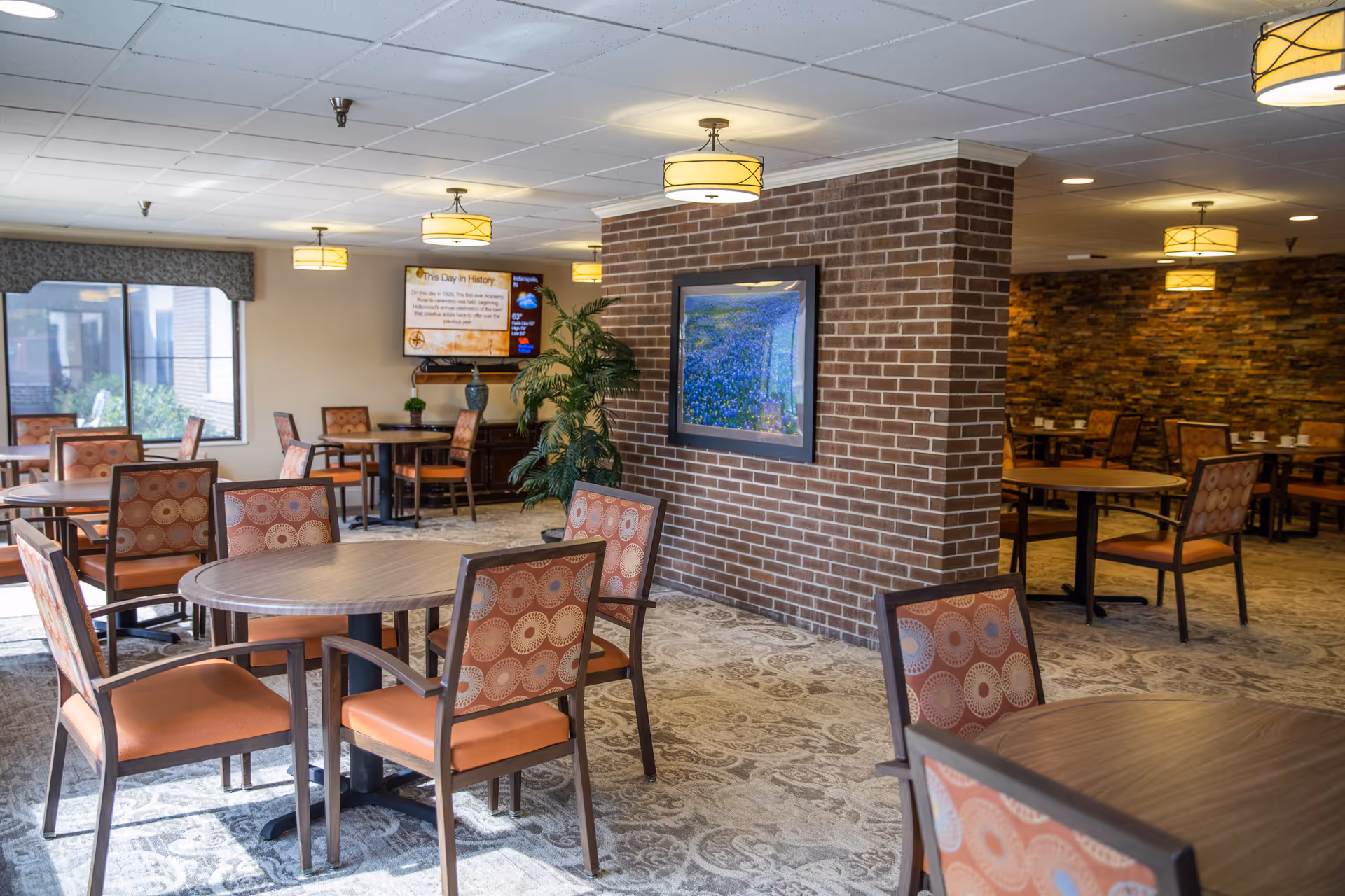 A spacious dining room with multiple round wooden tables and cushioned chairs with patterned backs. The room features a brick accent wall with a framed picture of a field of blue flowers. There are several ceiling lights and a large window letting in natural light. A television mounted on the far wall displays information, and a potted plant is placed near the brick wall.