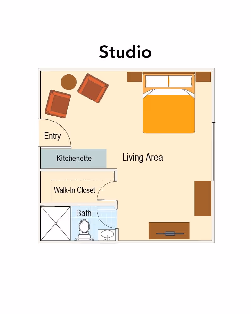Top-down floor plan labeled "Studio" showing a living area with bed and seating, kitchenette, walk-in closet, and bathroom.