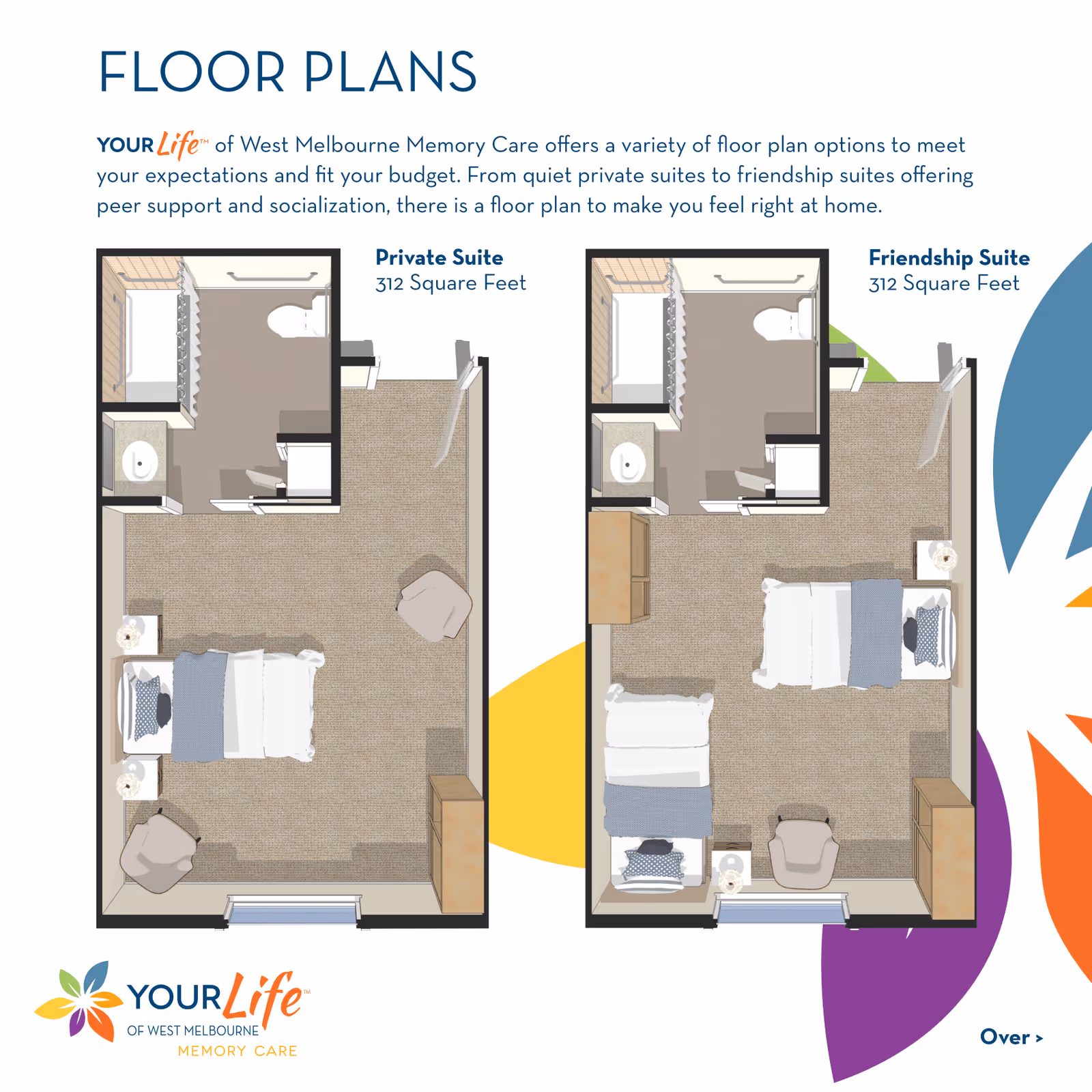 Floor plans for YOURLife of West Melbourne Memory Care showing two options: a Private Suite and a Friendship Suite, each 312 square feet. Both layouts include a bedroom area with furniture and a bathroom with a shower, toilet, and sink. The Private Suite has one bed, while the Friendship Suite has two beds and additional furniture.