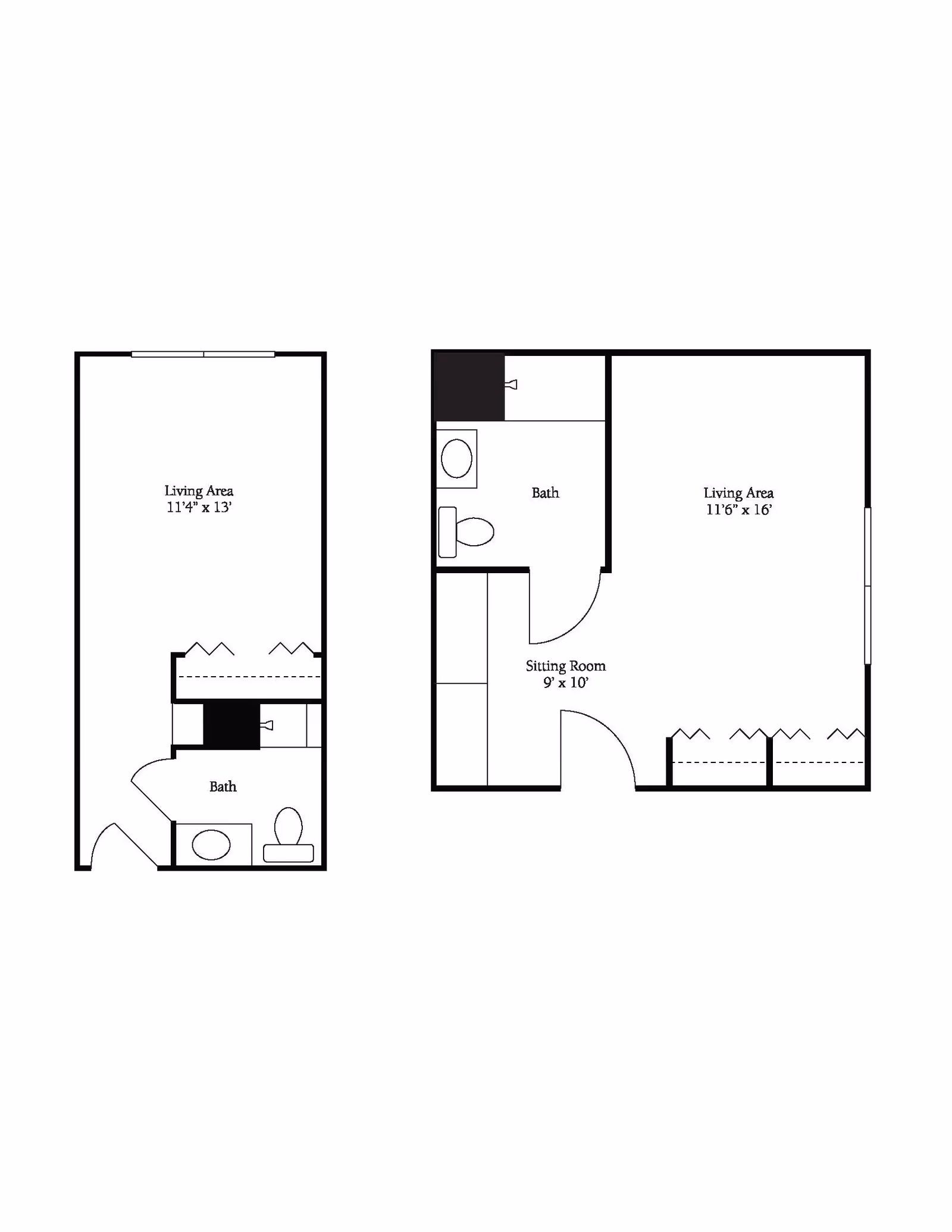 Two black and white architectural floor plans showing layouts with labeled living areas, baths, and a sitting room. The left plan includes a living area measuring 11'4" x 13' and a bath, while the right plan includes a living area measuring 11'6" x 16', a bath, and a sitting room measuring 9' x 10'.
