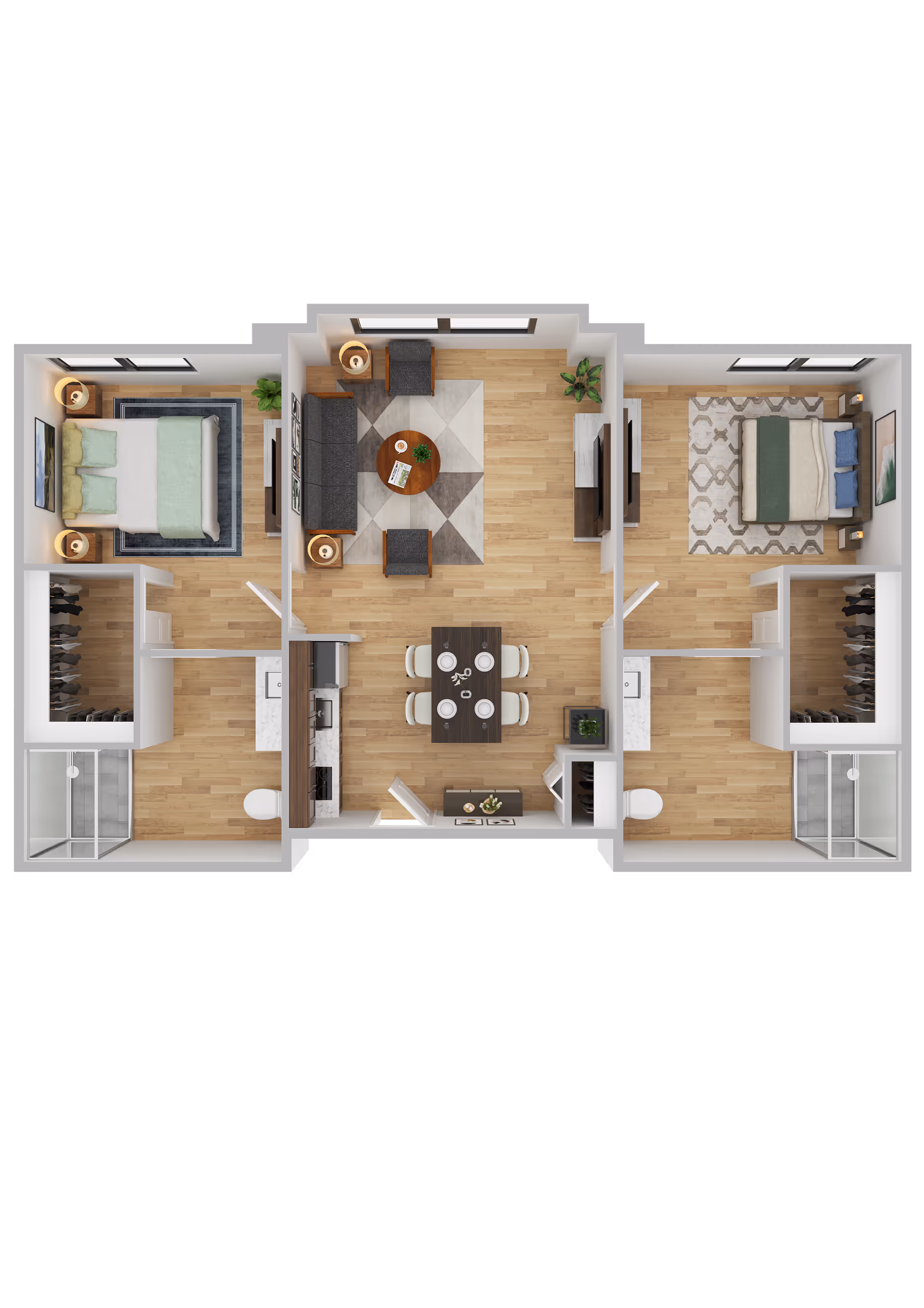 3D floor plan of a two-bedroom apartment featuring two bedrooms each with a bed, nightstands, and closets. The central living area includes a seating area with a sofa, two chairs, a coffee table, and a TV stand. Adjacent to the living area is a dining table set for four. The apartment also has two bathrooms with showers, toilets, and sinks, and a kitchen area with appliances and cabinetry.