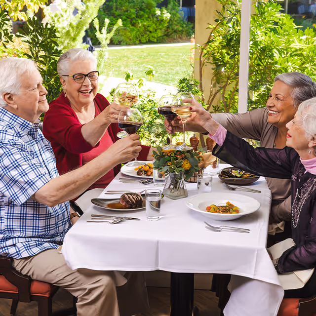 Four older adults seated at an outdoor dining table toasting with wine glasses over a white tablecloth and plated meals.