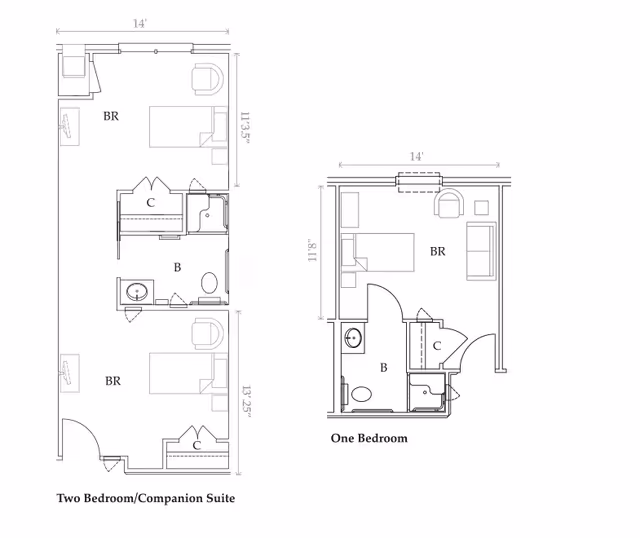 Architectural floor plans for Bethesda Gardens Memory Care Community showing layouts for a Two Bedroom/Companion Suite and a One Bedroom unit, including bedroom (BR), bathroom (B), and closet (C) areas with dimensions.
