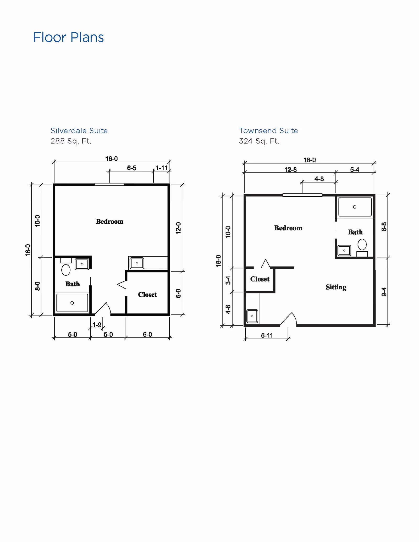 Floor plans for two suites at Brookdale Tyler East: Silverdale Suite with 288 sq. ft. featuring a bedroom, bath, and closet; Townsend Suite with 324 sq. ft. featuring a bedroom, bath, sitting area, and closet. Dimensions are marked for each room.