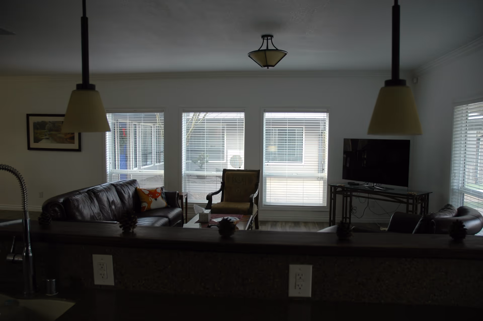 Interior view of a living room with large windows covered by blinds. The room features a brown leather sofa with a fox-patterned pillow, an armchair, a coffee table with a tissue box, and a flat-screen TV on a stand. Two pendant lights hang from the ceiling above a kitchen counter with a sink and electrical outlets.
