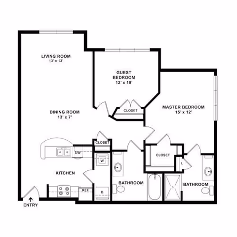 Floor plan of an apartment at HomeTowne at Conway showing an entry leading into a kitchen with appliances, a dining room and living room area, a guest bedroom with closet, a master bedroom with closet, and two bathrooms.