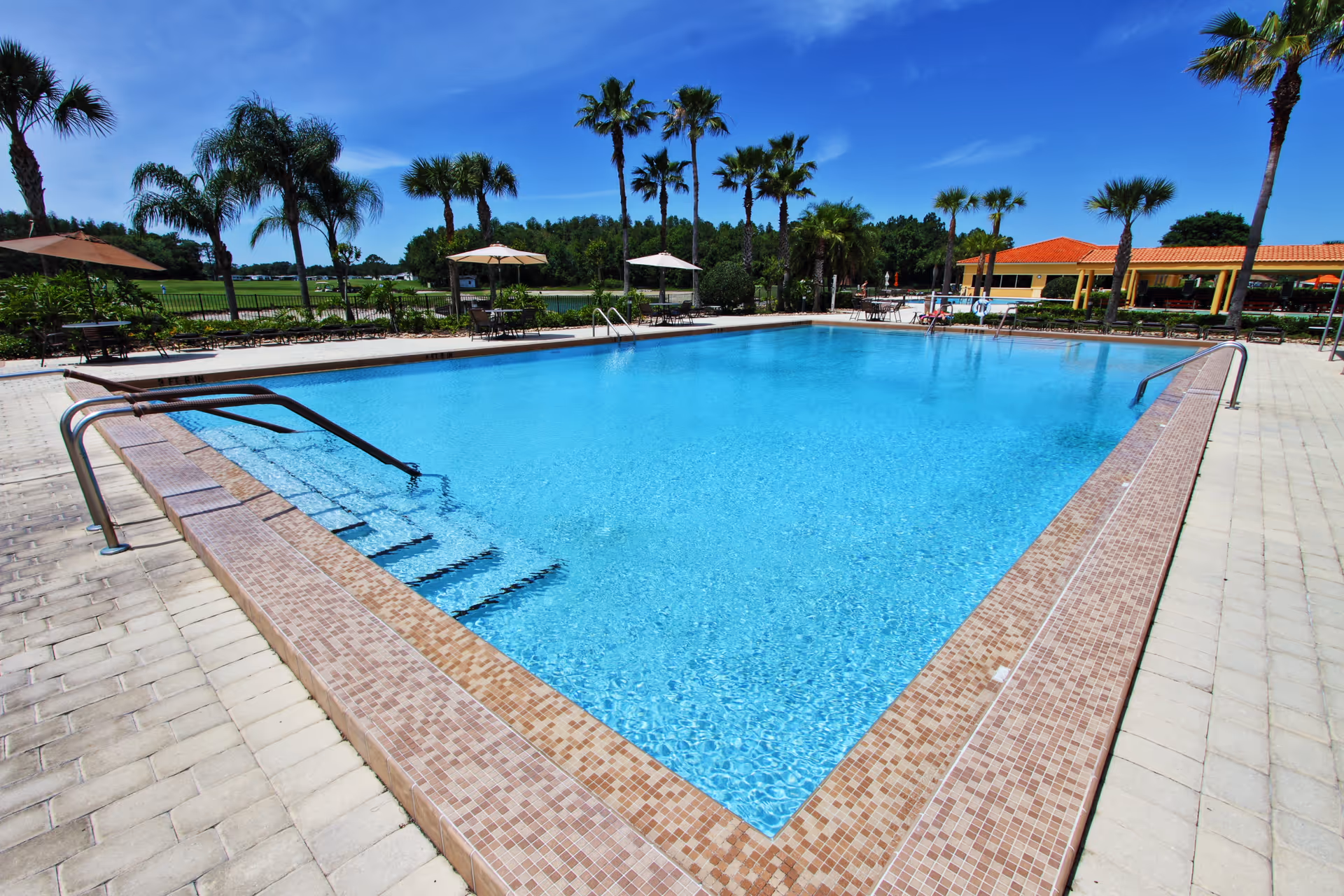 Outdoor swimming pool with clear blue water surrounded by a tiled deck, palm trees, umbrellas, and lounge chairs under a bright blue sky.