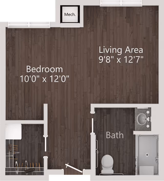 Overhead floor plan of a one-bedroom unit showing a bedroom, living area and bathroom with labeled dimensions.