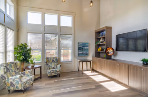 A bright and spacious living room area with large windows letting in natural light. The room features two patterned armchairs, a small wooden side table with a plant, a wooden cabinet with shelves holding decorative items, a wall-mounted flat-screen TV, and light wood flooring.