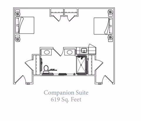 Floor plan of a companion suite measuring 619 square feet, showing two separate beds, two closets, a shared bathroom with two sinks, a toilet, and a shower.
