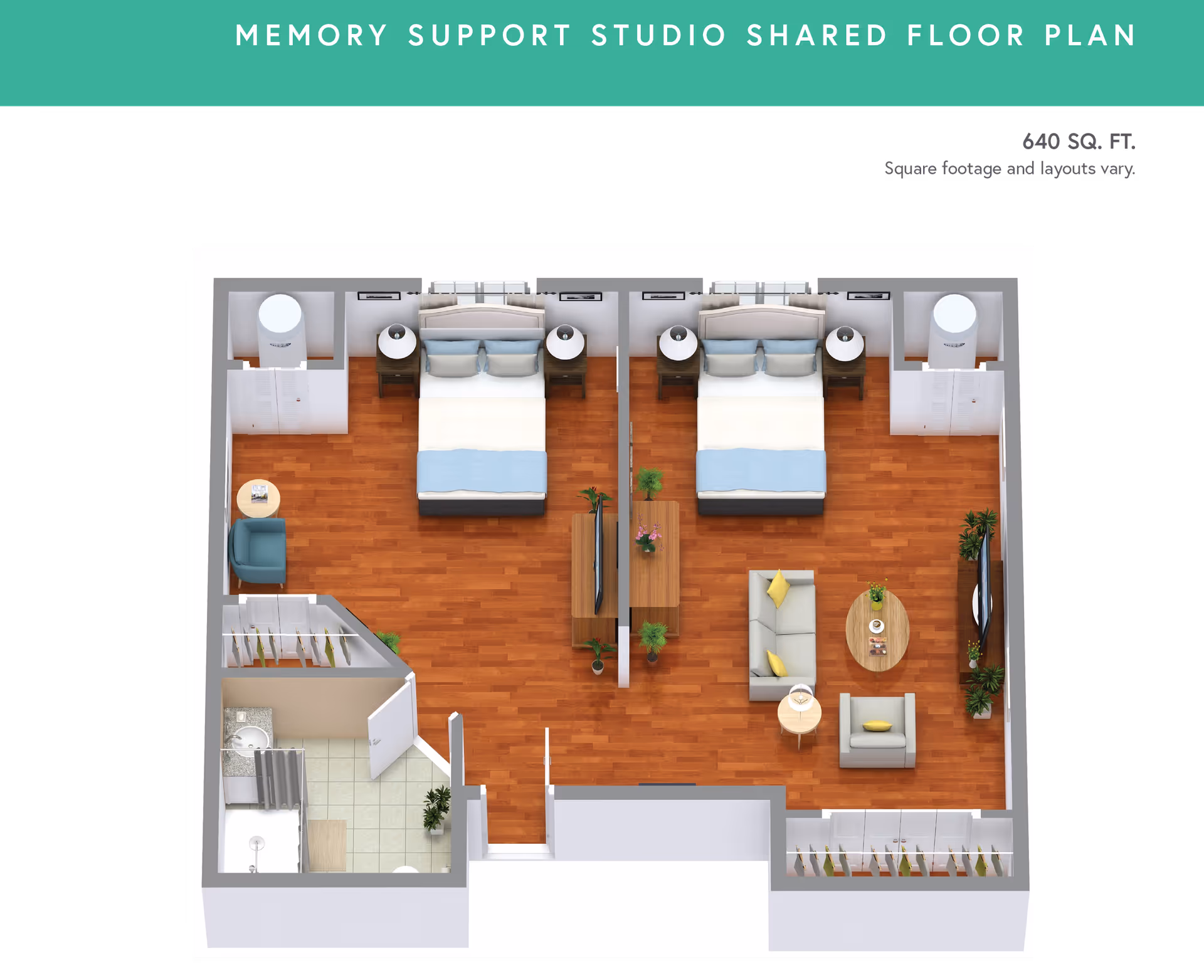 3D floor plan of a memory support studio shared apartment with two bedrooms, each containing a bed and nightstands. The living area has a sofa, armchair, coffee table, and TV. There is a shared bathroom with a shower, sink, and toilet. The flooring is wood in the bedrooms and living area, and tile in the bathroom.