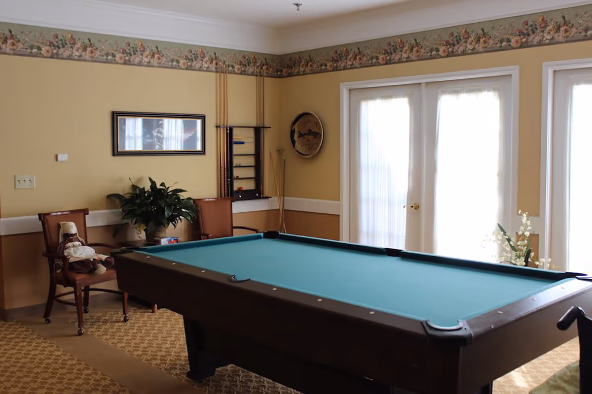 A room with a pool table in the center, two chairs with a stuffed bear on one, a plant on a small table, pool cues on a wall rack, and large windows with sheer curtains letting in natural light. The walls are painted yellow with a floral border near the ceiling.
