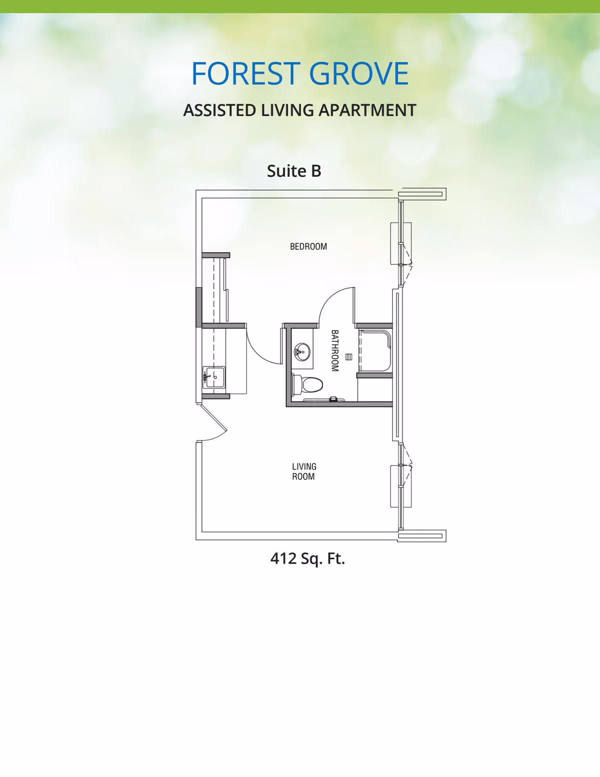 Floor plan of Suite B at Forest Grove Assisted Living Apartment showing a bedroom, bathroom, living room, and a small kitchen area with a total area of 412 square feet.