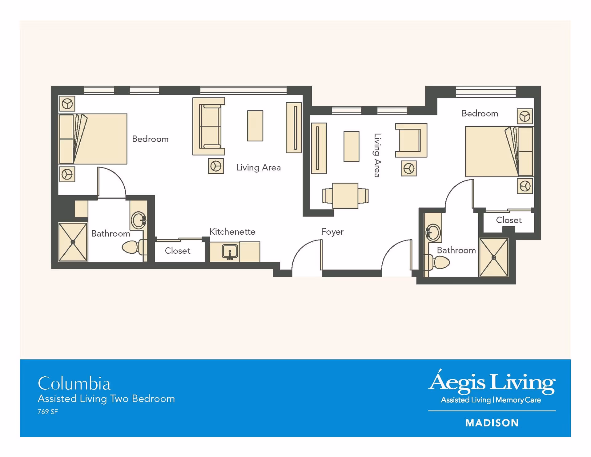 Floor plan of a two-bedroom assisted living apartment showing two bedrooms, two bathrooms, a kitchenette, foyer and two living areas.