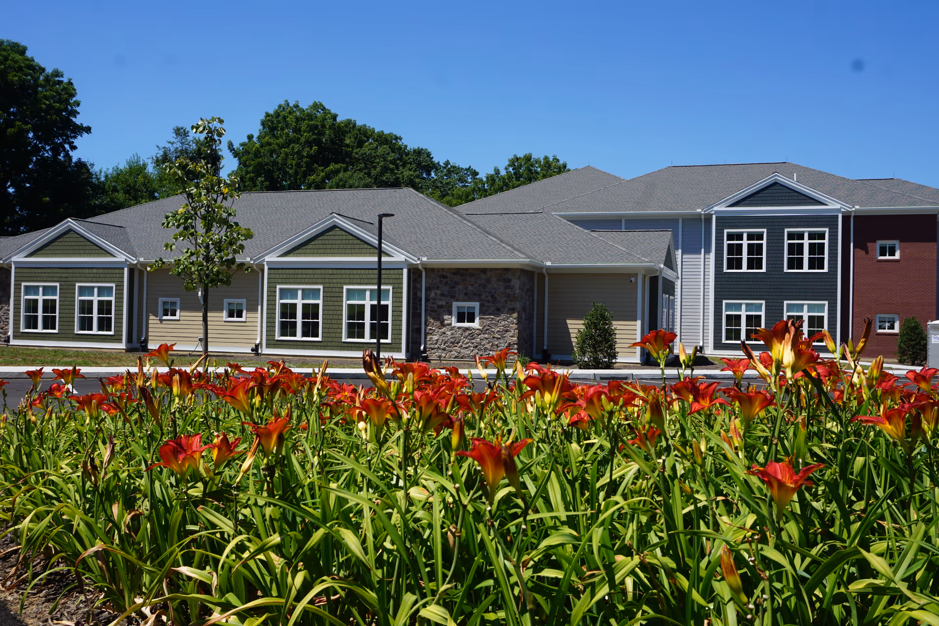 Exterior view of a senior living facility building with a garden of red and yellow flowers in the foreground and trees in the background under a clear blue sky.
