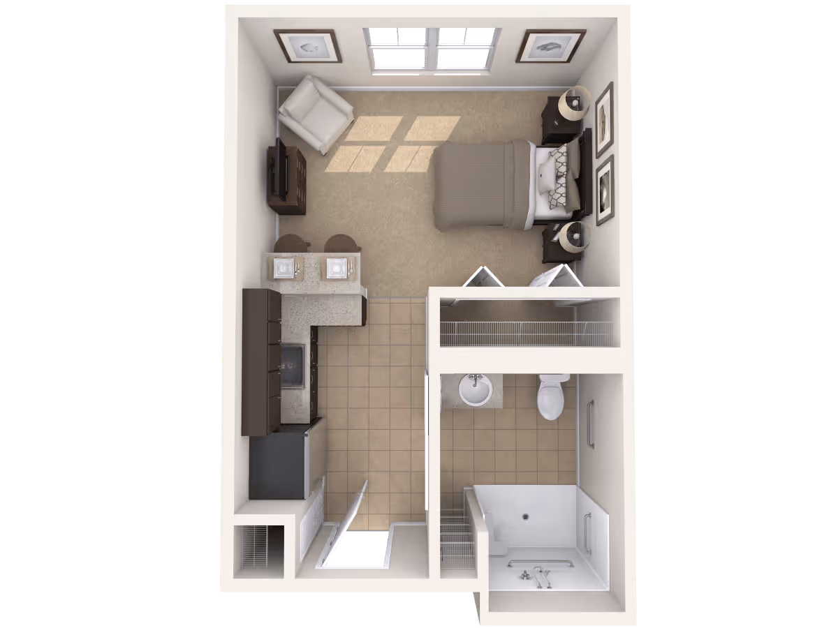 Top-down view of a small apartment layout featuring a bedroom with a bed, two nightstands with lamps, an armchair, and a TV on a stand. Adjacent to the bedroom is a kitchen area with a sink, stove, refrigerator, and a small counter with two stools. Next to the kitchen is a bathroom with a sink, toilet, and shower. There is also a closet space between the bedroom and bathroom.