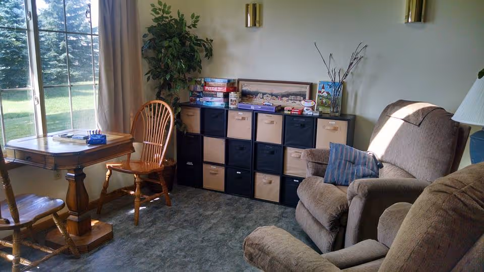 A cozy living room area with two cushioned armchairs, a wooden table with two wooden chairs near a large window letting in natural light, and a storage unit with multiple fabric bins. There are board games and puzzles on top of the storage unit, a potted plant in the corner, and a table lamp on the right side.