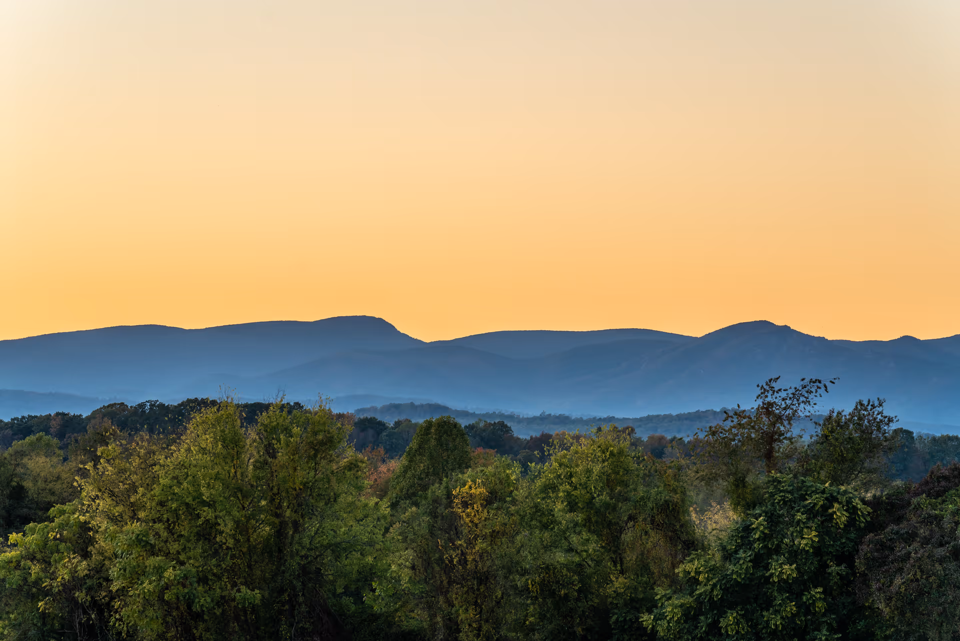 Scenic view of a mountain range at sunset with a clear orange sky above and a dense forest of green trees in the foreground.