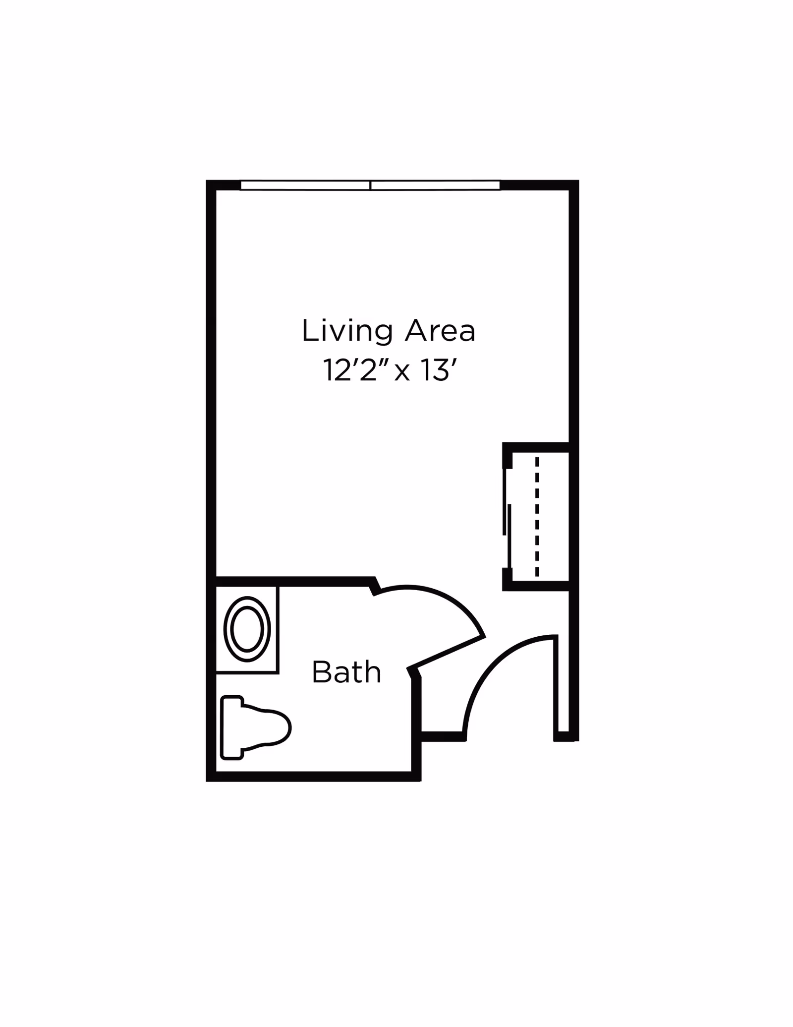Floor plan showing a living area measuring 12 feet 2 inches by 13 feet, with an adjacent bathroom containing a toilet and a sink.