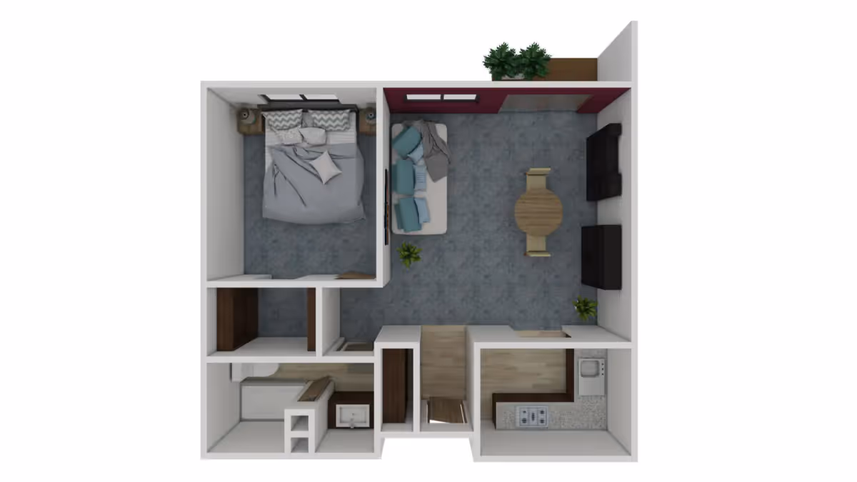 Top-down 3D floor plan of a one-bedroom apartment showing a bedroom, living room with dining area, kitchen and bathroom.