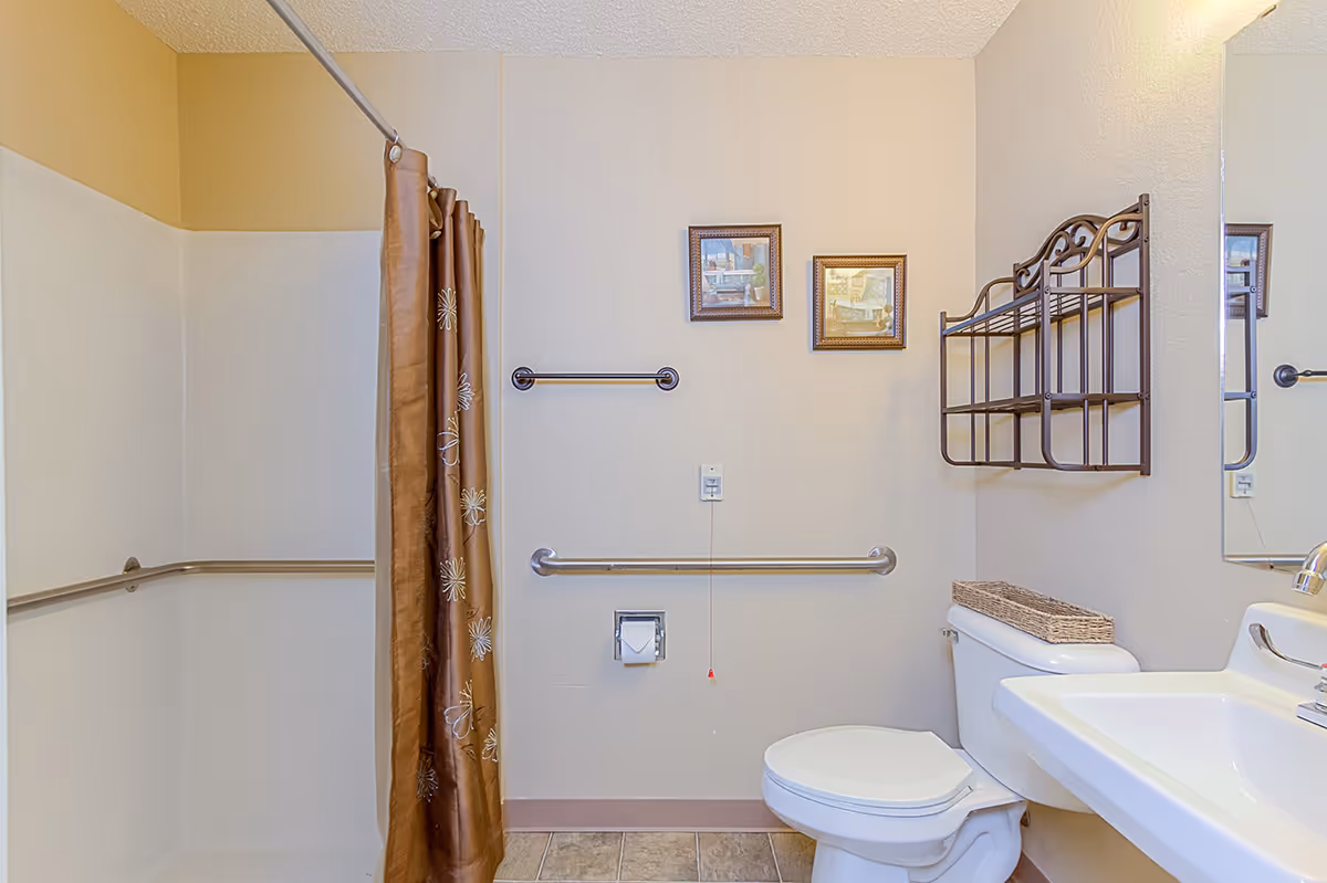 A bathroom with a walk-in shower featuring a brown floral shower curtain, a white toilet with a wicker basket on top, a white sink with a silver faucet, a metal wall-mounted shelf, two framed pictures on the wall, and grab bars installed near the shower and toilet for accessibility.