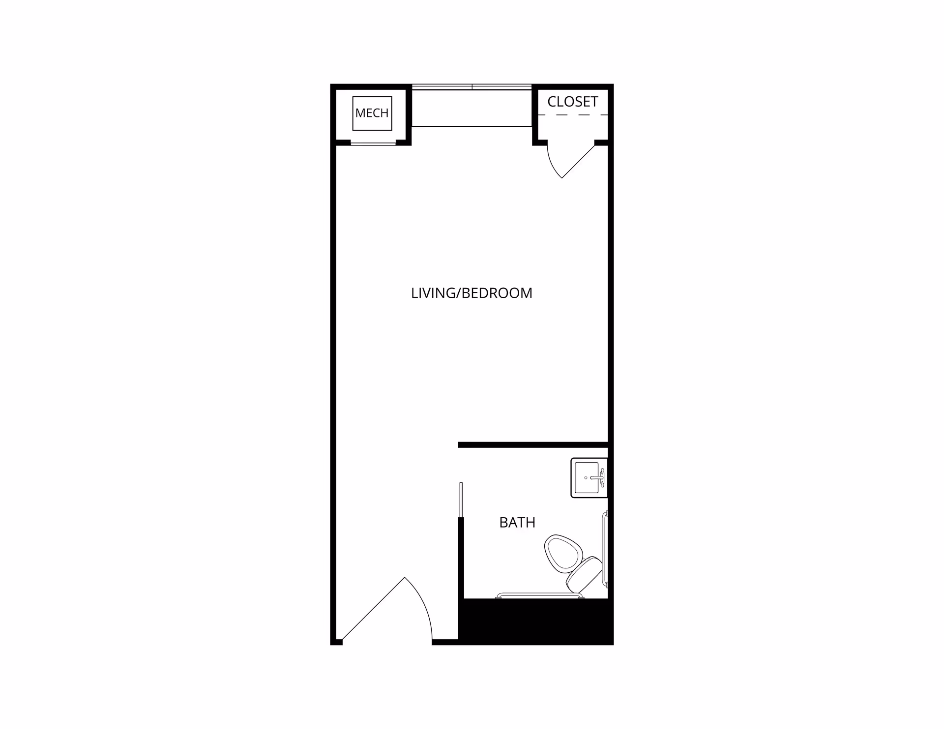 Floor plan layout of a studio apartment at Ascension Living Via Christi Village showing a combined living and bedroom area, a bathroom with a sink and toilet, a closet, and a mechanical room.