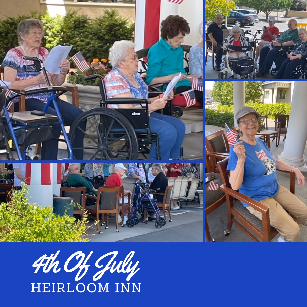 A collage of elderly residents at Heirloom Inn celebrating the 4th of July outdoors. The images show seniors sitting in wheelchairs and chairs, holding small American flags and papers, enjoying the event on a covered patio with greenery and a building in the background.