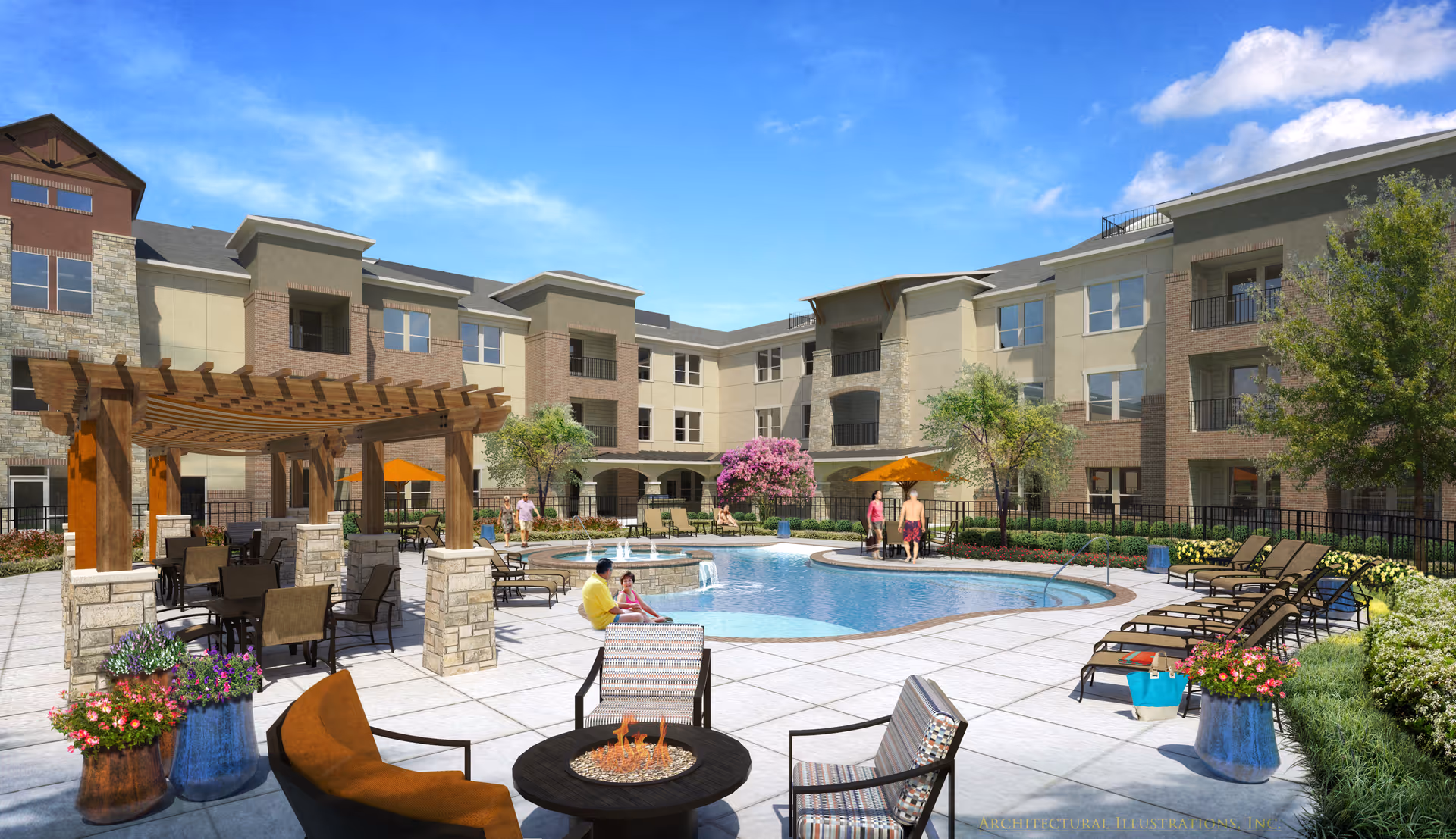 Outdoor courtyard area of a senior living facility with a swimming pool surrounded by lounge chairs, a wooden pergola with tables and chairs underneath, potted flowers, and people relaxing by the pool. The building has three stories with balconies and large windows under a bright blue sky.
