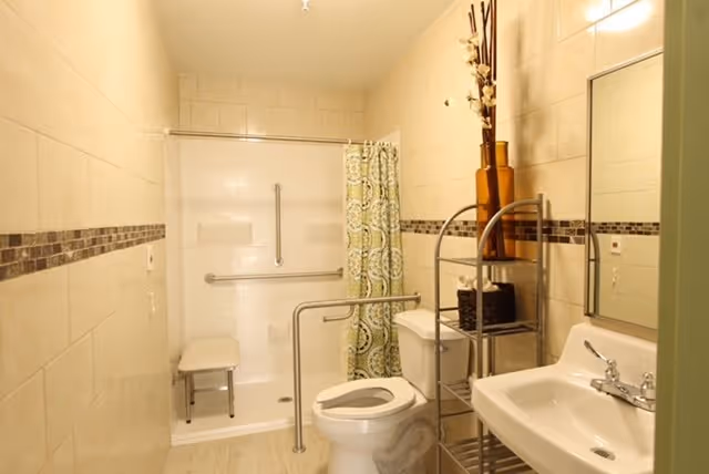 Accessible bathroom with a toilet, sink, walk-in shower with grab bars and a shower chair, and a shelving unit with decorative vases.