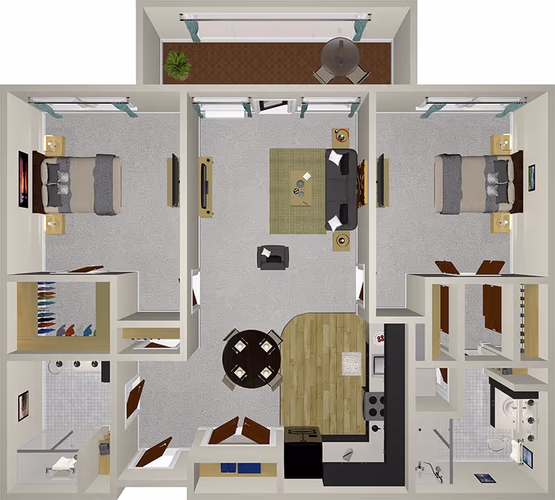Top-down view of a senior living apartment floor plan featuring two bedrooms, a central living room with sofa and armchair, a dining area with round table and four chairs, a kitchen with appliances, two bathrooms, closets, and a balcony with a small table and two chairs.