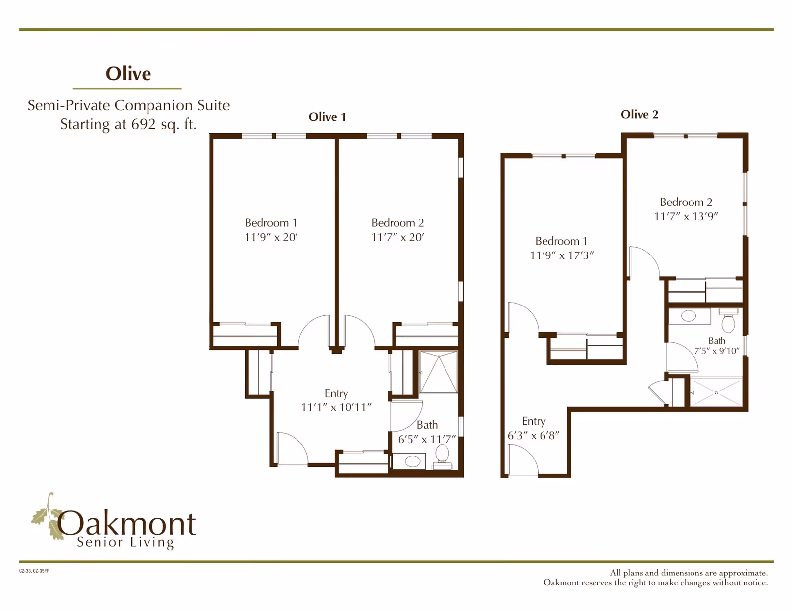 Floor plan layout for Olive Semi-Private Companion Suite at Oakmont Senior Living, showing two variations Olive 1 and Olive 2 with dimensions for bedrooms, entry, and bathrooms.