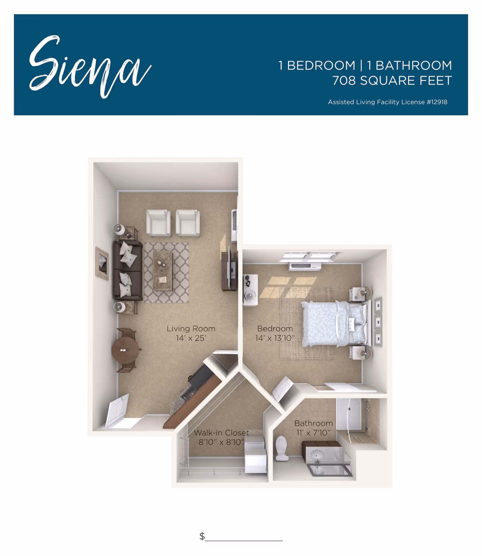 3D floor plan labeled 'Siena' showing a one-bedroom, one-bathroom 708 sq ft apartment with a living room, bedroom, walk-in closet, and bathroom.
