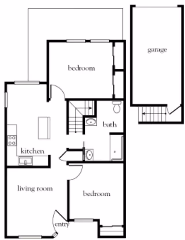 Black and white architectural floor plan showing a layout with two bedrooms, a kitchen, a living room, a bathroom, an entry area, and a separate garage connected by stairs.