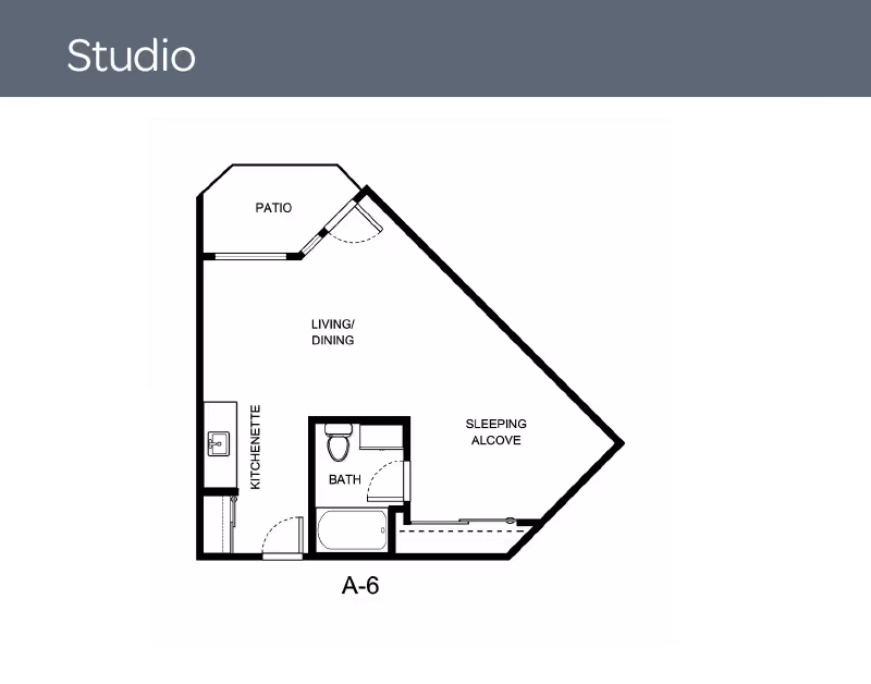Floor plan of a studio apartment labeled A-6 showing a patio, living/dining area, kitchenette, bath, and sleeping alcove.