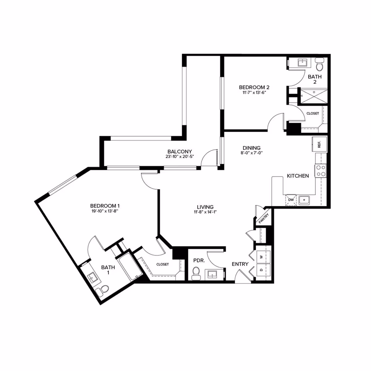 Architectural floor plan of a two-bedroom apartment featuring Bedroom 1 with an attached Bath 1 and closet, Bedroom 2 adjacent to Bath 2 and a closet, a dining area, kitchen with pantry and laundry space, living room, powder room, entryway, and a large balcony.