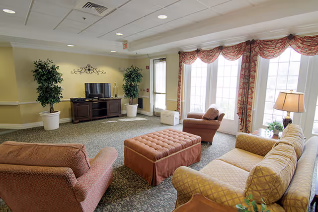 A bright and spacious living room area with patterned carpet, a yellow sofa, two armchairs, and a large tufted ottoman in the center. There are large windows with floral valances letting in natural light, a wooden TV stand with a flat-screen television, two large potted plants, and a table lamp on a side table.