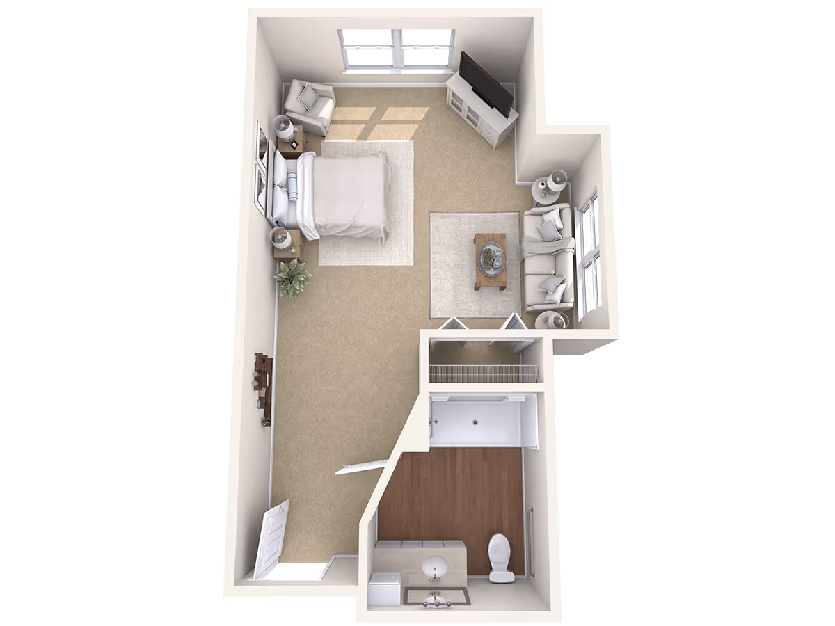 3D floor plan of a studio apartment featuring a bedroom area with a bed, two nightstands, and an armchair, a living area with a sofa, coffee table, armchair, and TV on a stand, and a bathroom with a shower, toilet, and sink. The apartment has carpeted flooring in the living and bedroom areas and wood flooring in the bathroom.