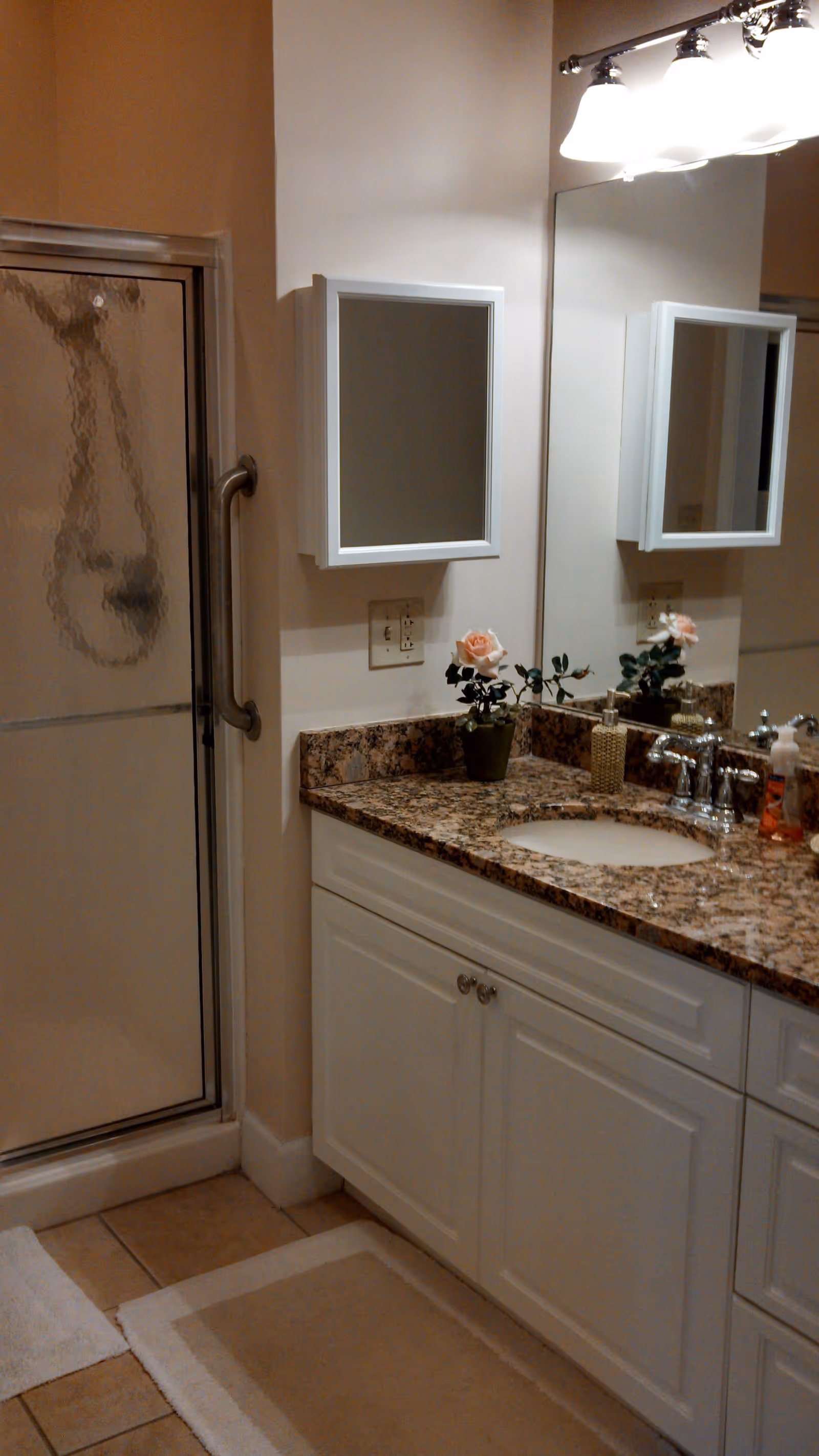 A bathroom with a granite countertop vanity featuring a sink, a soap dispenser, and a small potted plant with a pink rose. Above the vanity is a large mirror and a white medicine cabinet. To the left is a glass shower door with a metal handle and a grab bar. The floor is tiled and has two beige and white bath mats.