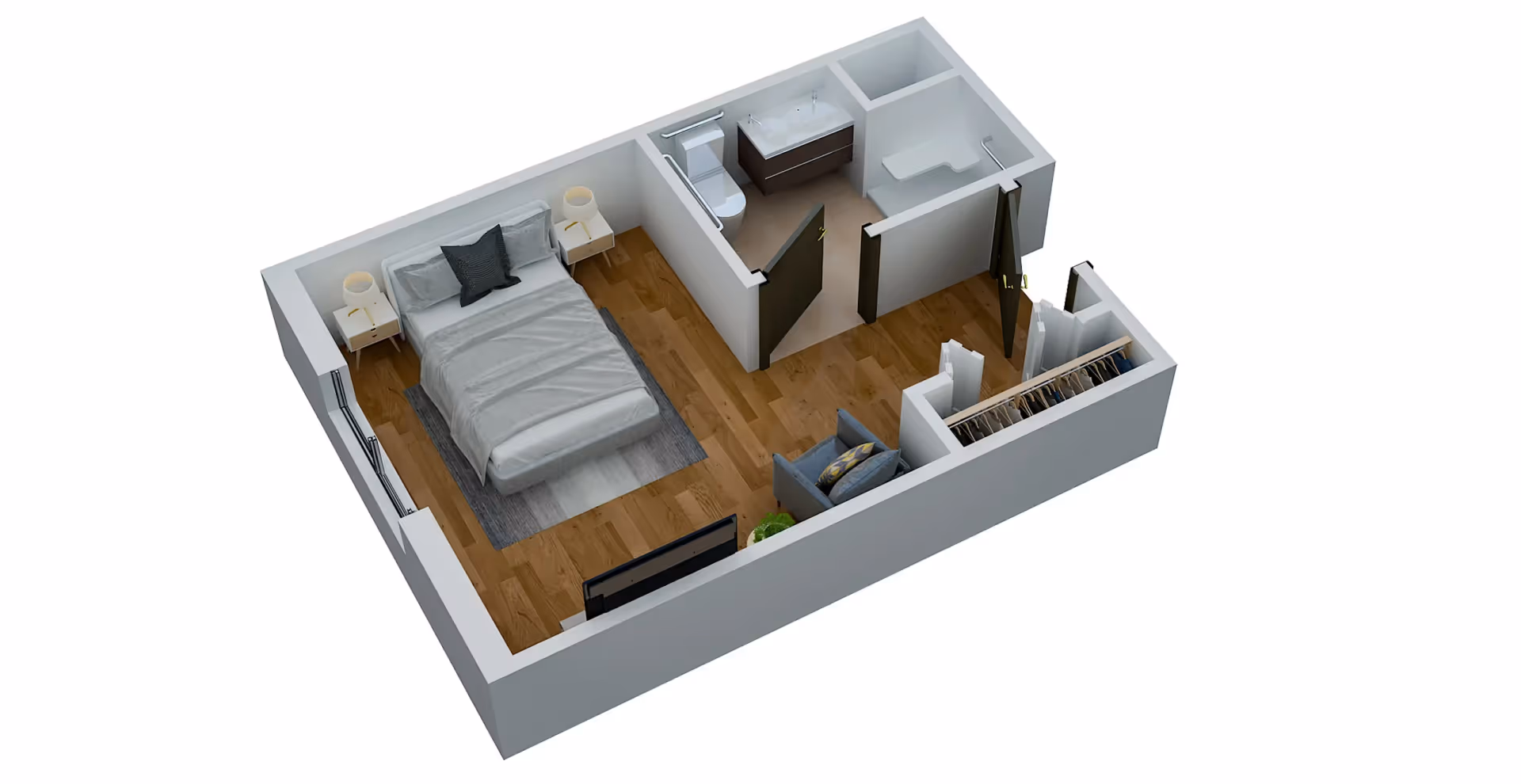 3D floor plan of a bedroom suite in Ocala's Premier Assisted Living