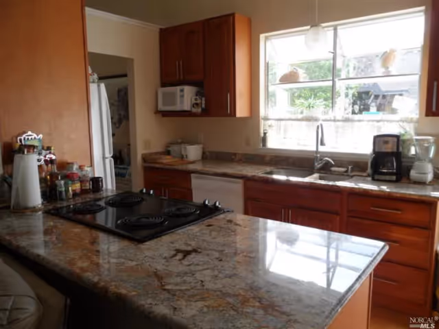 A kitchen with granite countertops, wooden cabinets, a stovetop built into the counter, a microwave mounted above the counter, a coffee maker, a blender, and a large window letting in natural light.