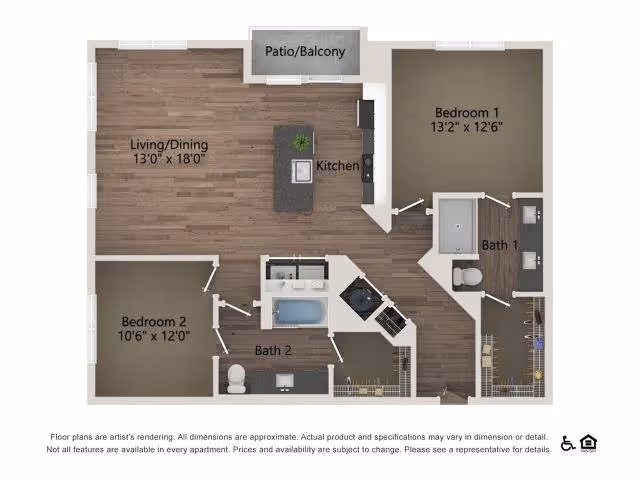 Rendered floor plan of a two-bedroom, two-bath apartment showing a living/dining area, kitchen with island, patio/balcony, and closets.