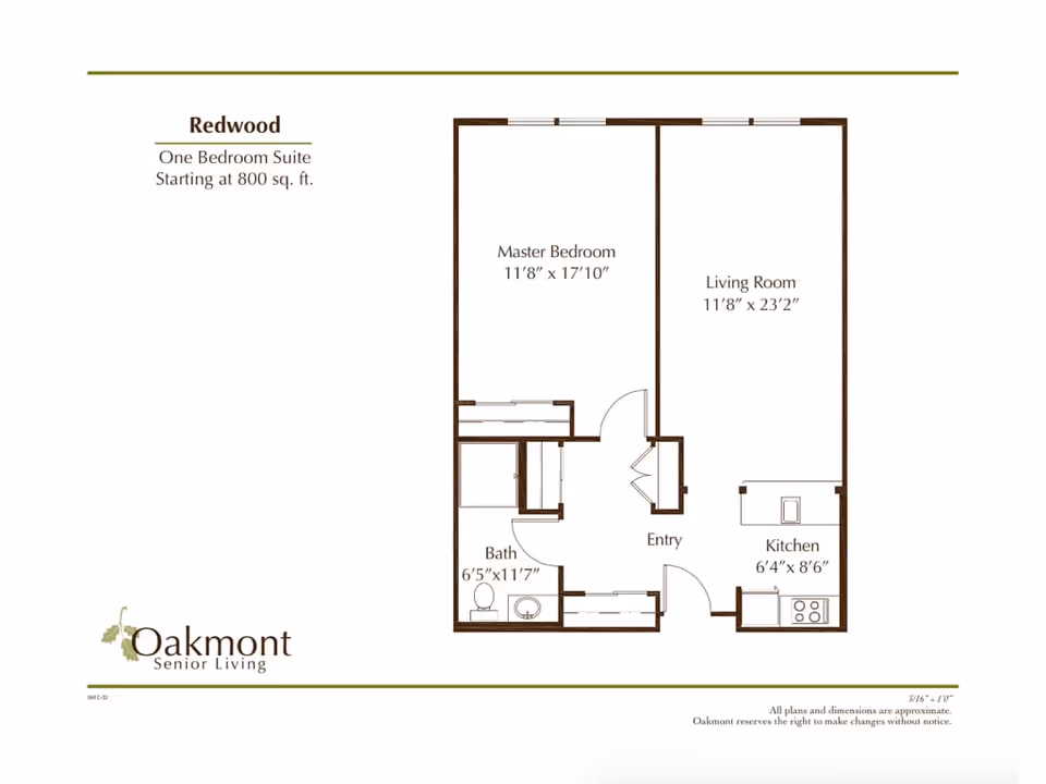Floor plan of the Redwood one-bedroom suite at Oakmont Senior Living, showing a master bedroom measuring 11 feet 8 inches by 17 feet 10 inches, a living room measuring 11 feet 8 inches by 23 feet 2 inches, a kitchen measuring 6 feet 4 inches by 8 feet 6 inches, a bathroom measuring 6 feet 5 inches by 11 feet 7 inches, and an entry area.