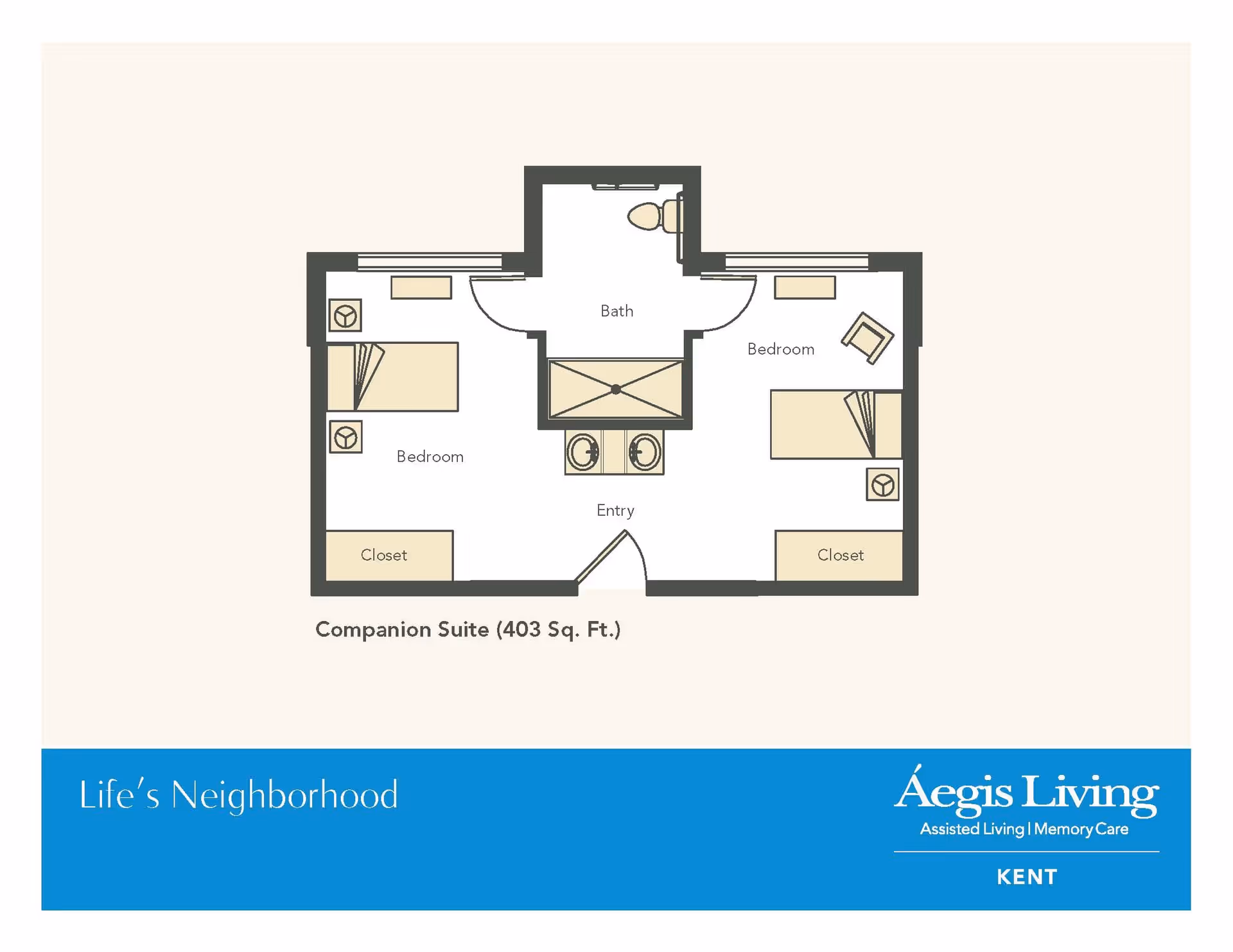Floor plan of a companion suite at Aegis Living Kent showing two bedrooms, each with a bed, nightstand, and closet. The suite includes a shared bathroom with a toilet and a double sink vanity, and an entry area.