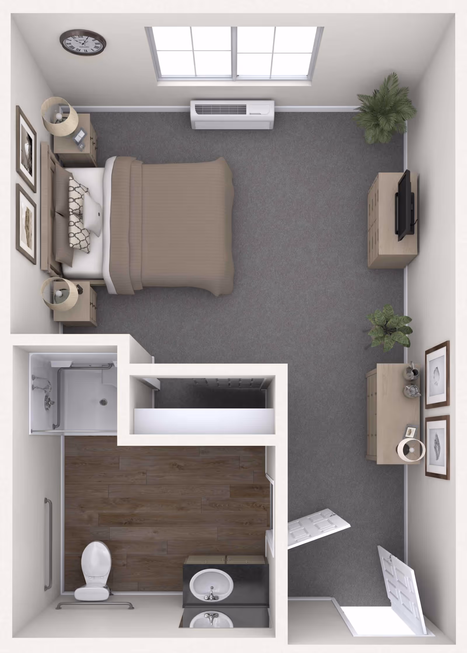 Top-down view of a small apartment layout with a bedroom and bathroom. The bedroom has a bed with pillows and blankets, two nightstands with lamps, a clock on the wall, two framed pictures, a dresser with a TV, another dresser with decorative items, and two plants. The bathroom has a toilet, a sink with a countertop, a mirror, and a walk-in shower with grab bars. The flooring in the bedroom is carpeted, and the bathroom has wood-style flooring.