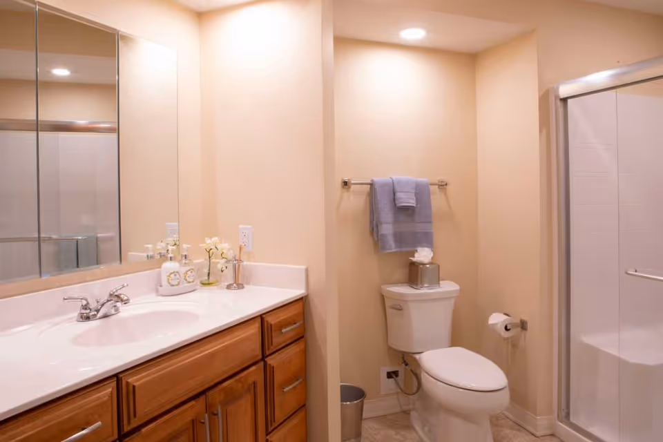 A clean and well-lit bathroom featuring a white sink with a wooden cabinet below, a large mirror above the sink, a toilet with a tissue box on top, a towel rack with folded blue towels, and a glass-enclosed shower area.