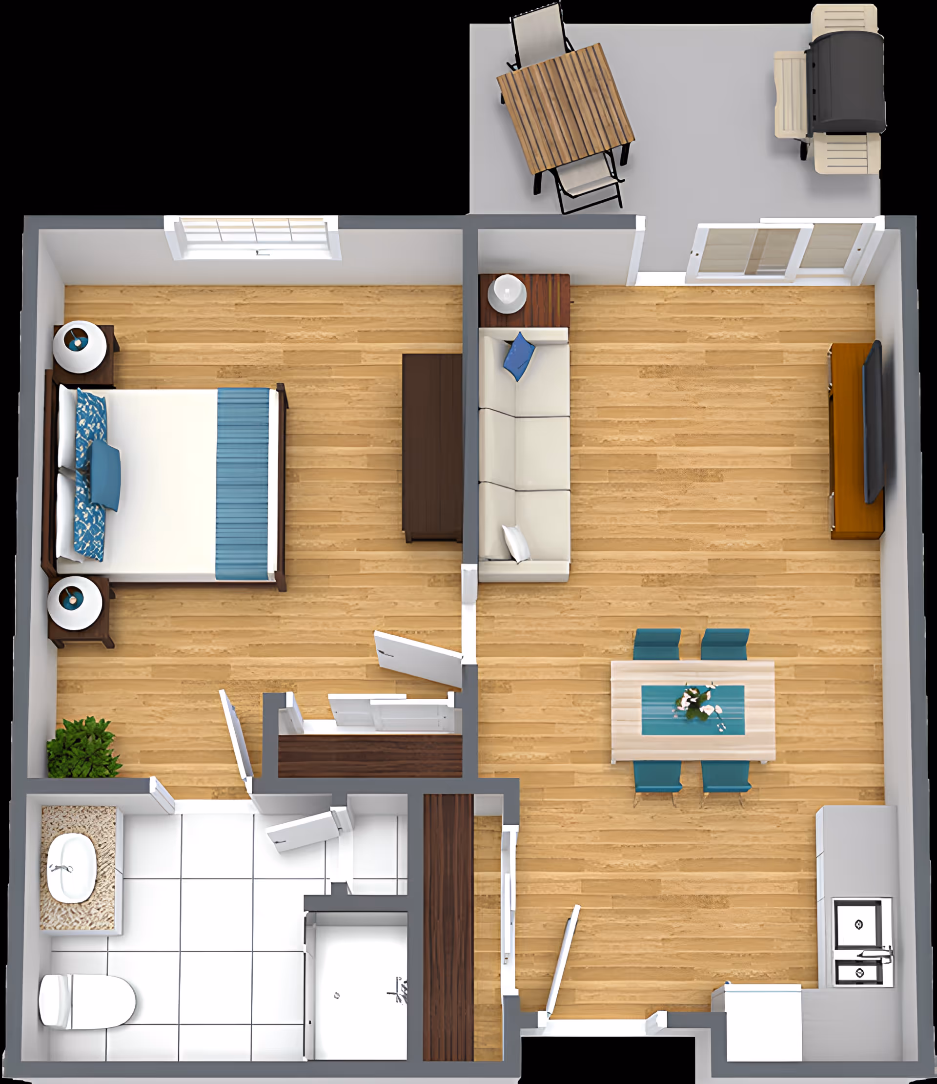 Top-down floor plan of a one-bedroom apartment showing a bedroom, bathroom, kitchen, dining area, living room, and a small outdoor patio.