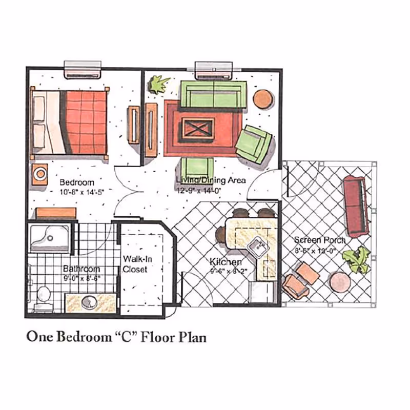 Floor plan of a one-bedroom apartment labeled 'One Bedroom C Floor Plan' showing a bedroom, bathroom, walk-in closet, living/dining area, kitchen, and screen porch with furniture layout and dimensions.