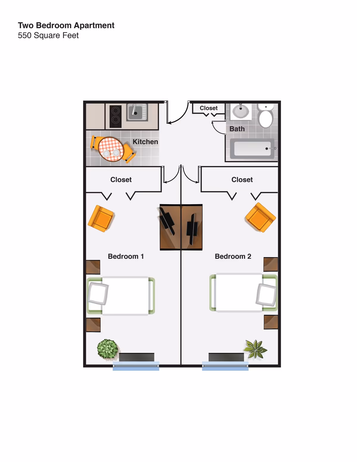Floor plan of a two-bedroom apartment with 550 square feet. The layout includes a kitchen with a small dining table and two chairs, a bathroom with a bathtub, sink, and toilet, two bedrooms each with a bed, chair, and closet, and a central area with two TVs facing each other.