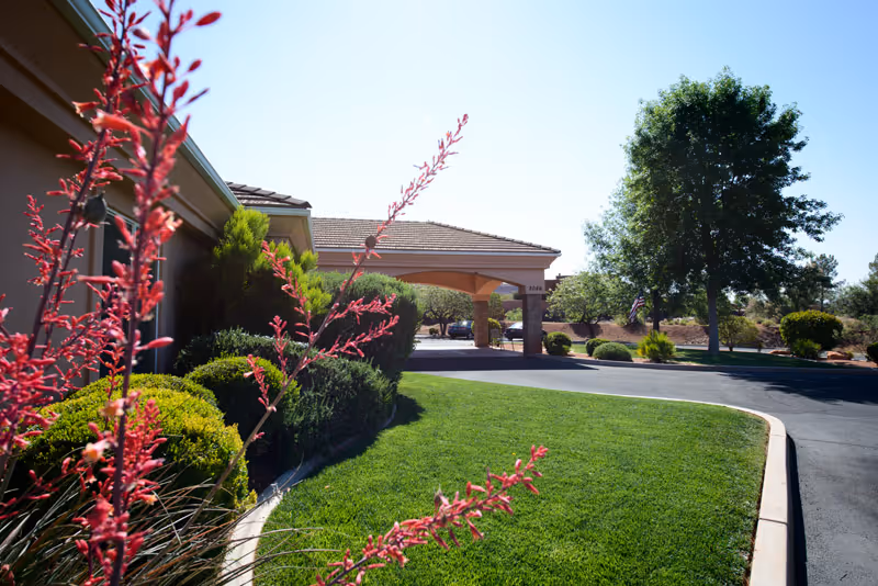 Exterior view of Platinum Care Assisted Living Center showing a driveway, green lawn, bushes, trees, and part of the building with a covered entrance under a clear blue sky.