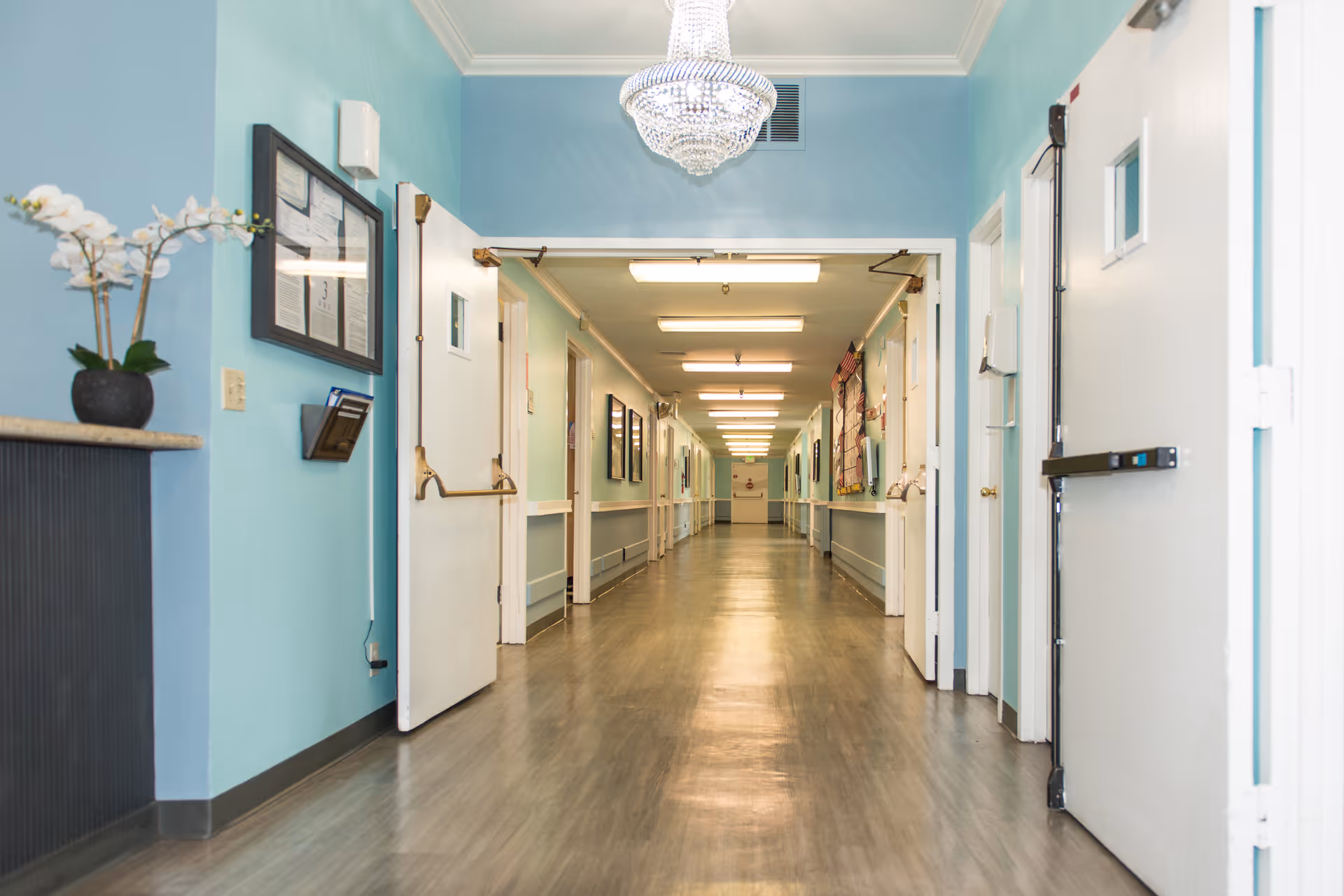 A long, clean hallway in a healthcare facility with light blue walls and white doors on both sides. The floor is a polished wood or laminate, and a chandelier hangs from the ceiling near the foreground. There are framed documents and a potted orchid plant on the left wall.